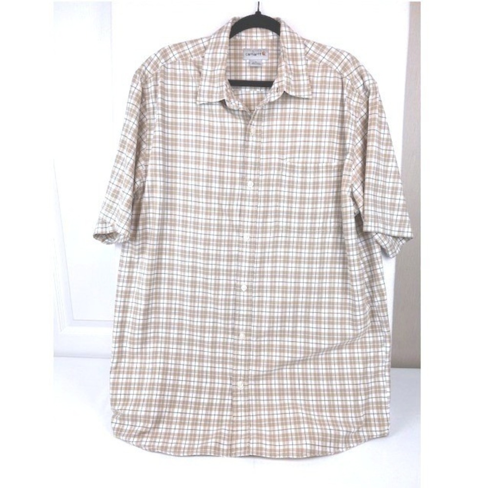 Carhartt Mens Tan White Plaid Short Sleeve Button Down Cotton Shirt Large